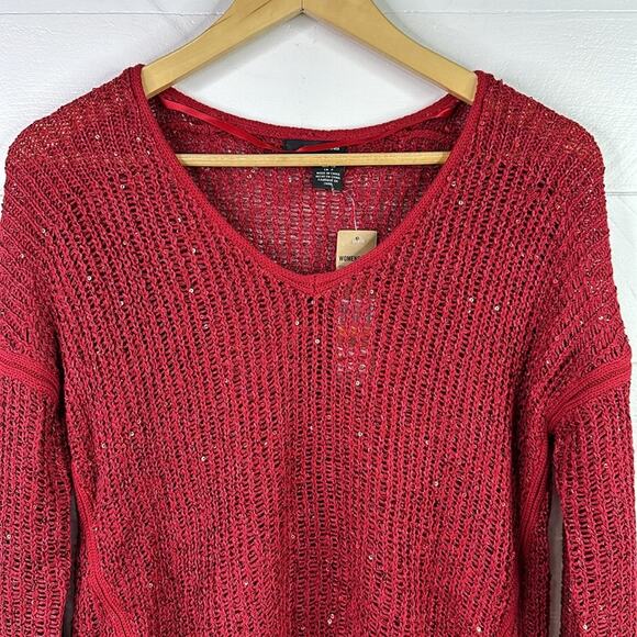 DKNY Ruby Red Sequin Knit Pullover V Neck Sweater Sweatshirt Top Size Small - Picture 5 of 10